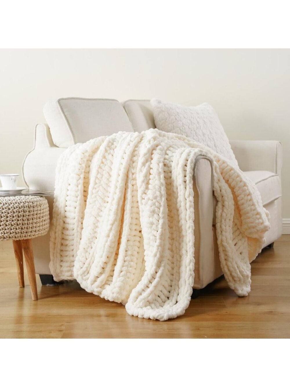 Cozy White Cream Chunky Knit Throw Blanket, 50"x60", Textured Couch Decor